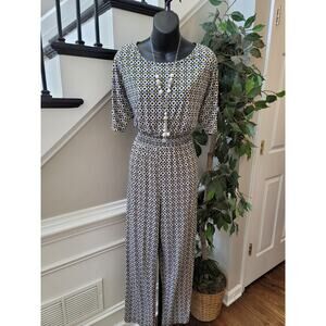 Enfocus Studio Abstract Print Jumpsuit Women’s Size 8 Black Yellow Cold Shoulder